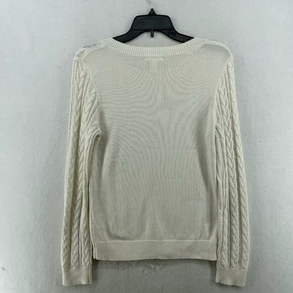 H&M Basic Sweater Women's Sz M Ivory White Crew Neck Cable Knit Pullover Stretch - Picture 2 of 11